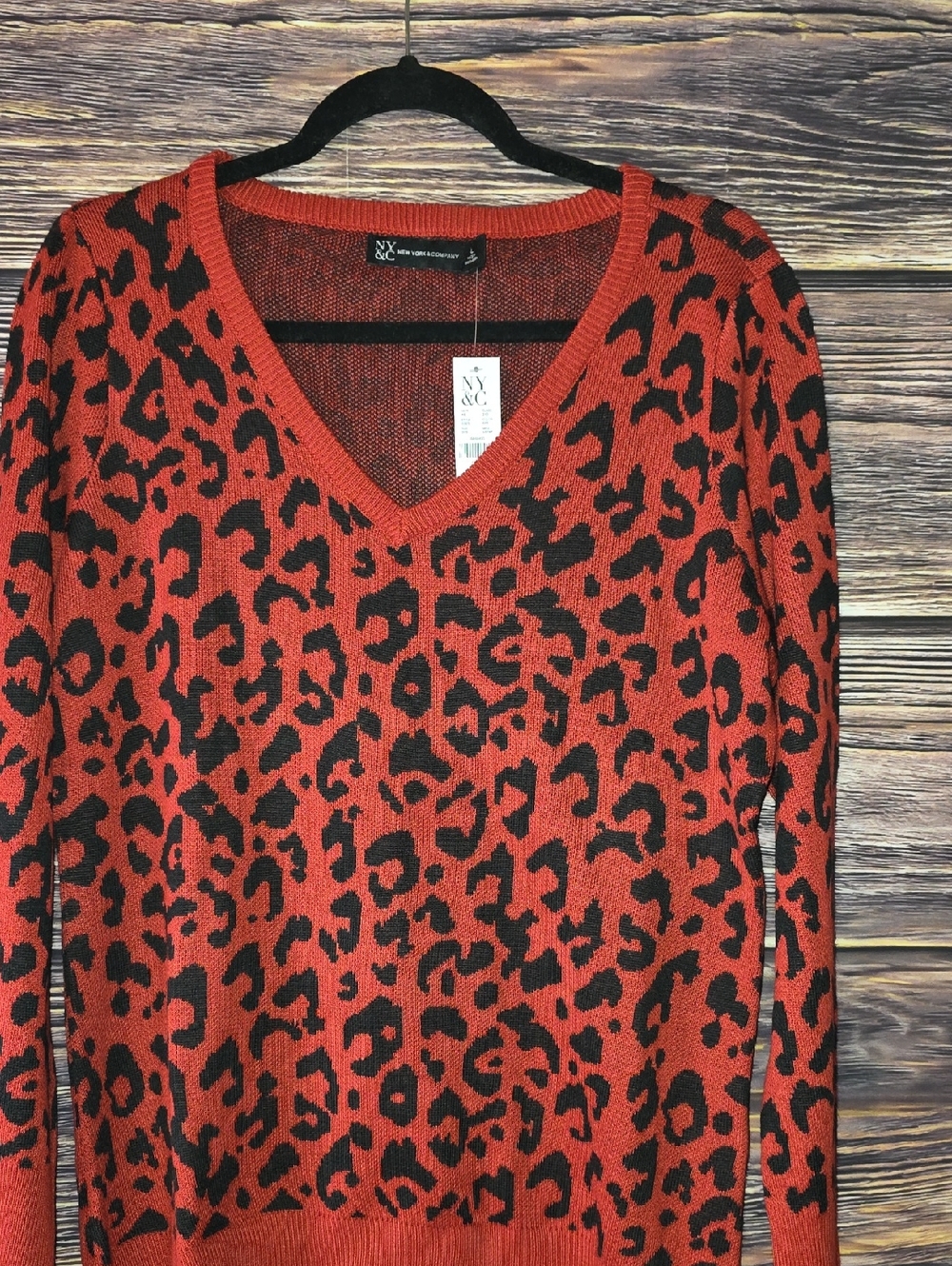 New York & Company Orange and Black Leopard V-Neck Sweater